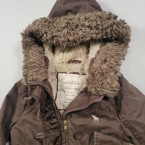 Abercrombie & Fitch Jackets & Blazers - Abercrombie Women Hooded Cropped Jacket Large Brown Faux Fur Lined Zip Button